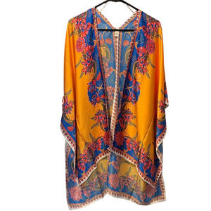 Cato Lightweight Vibrant Orange and Blue Kimono Ruana Cover-Up NWOT